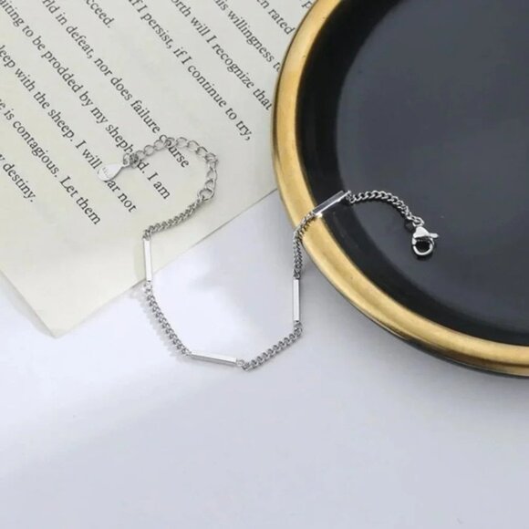 925 Sterling Silver Dainty Bar Link Chain Bracelet Minimalist Bar Thin Bracelet - Picture 3 of 5